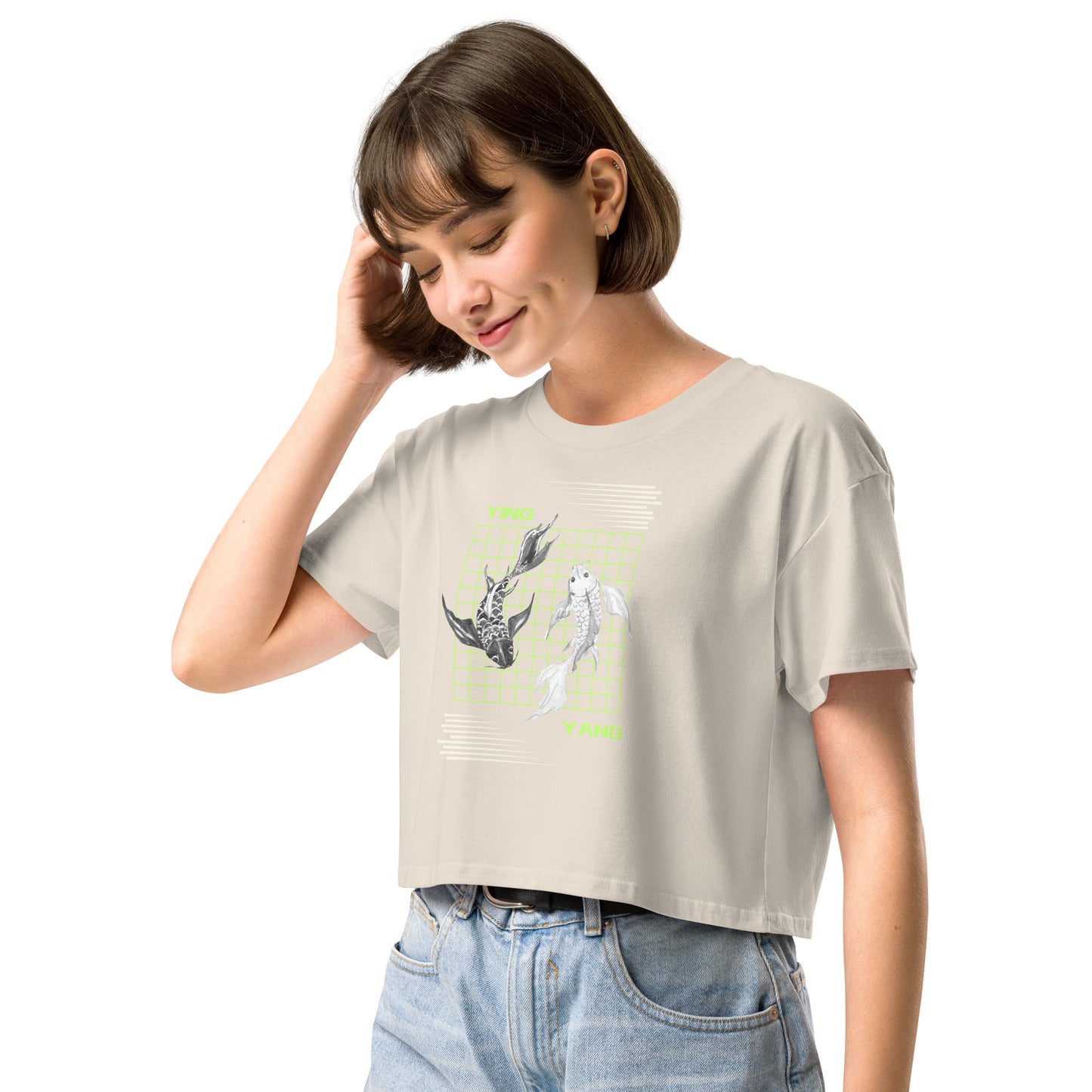 Equinoxe Crop Top image 17: Pale Pink version, size S with front view, left-side angle of the Ying and Yang range.