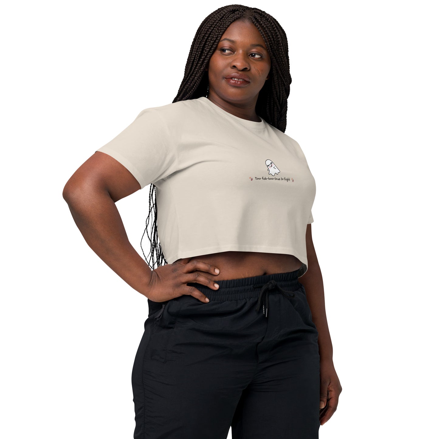 Boo Luxe Crop Top - Left Placement by R.A. Apparel, image 37, front view, right-side angle, Ecru, size S, left placement.