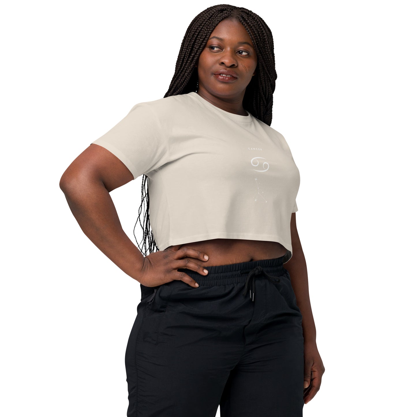 Moonhaven Crop Top - Left Placement by R.A. Apparel, image 27, front view, right-side angle, Bone, size S, left placement.