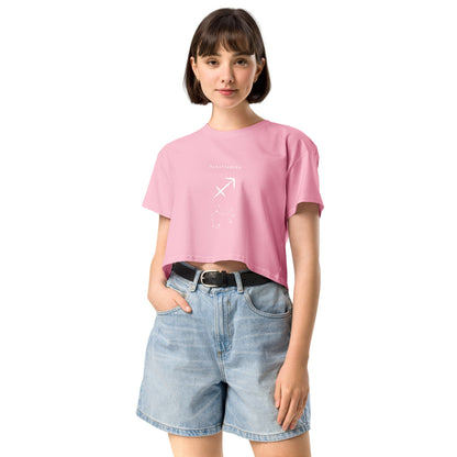 Image 5 of Black Arrowborne Crop Top - Left Placement, size XL, with Sagittarius artwork visible in front view.