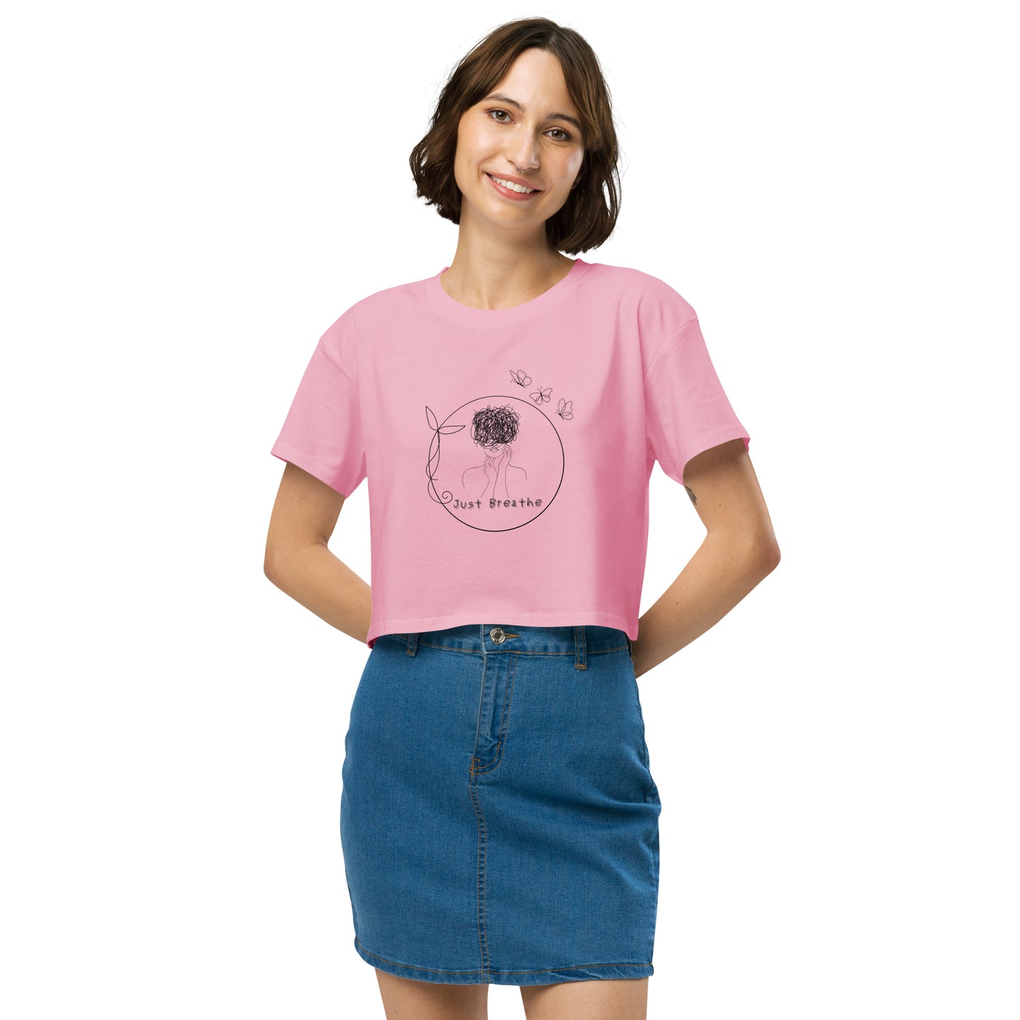 Image 7 of Hazy Pink Breathing Room Crop Top - Left Placement, size S, with Just Breathe artwork visible in front view.