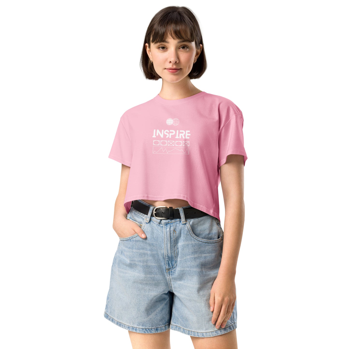 Inspireline Crop Top - Left Placement image 11: Hazy Pink version, size XS with front view of the Inspire range.