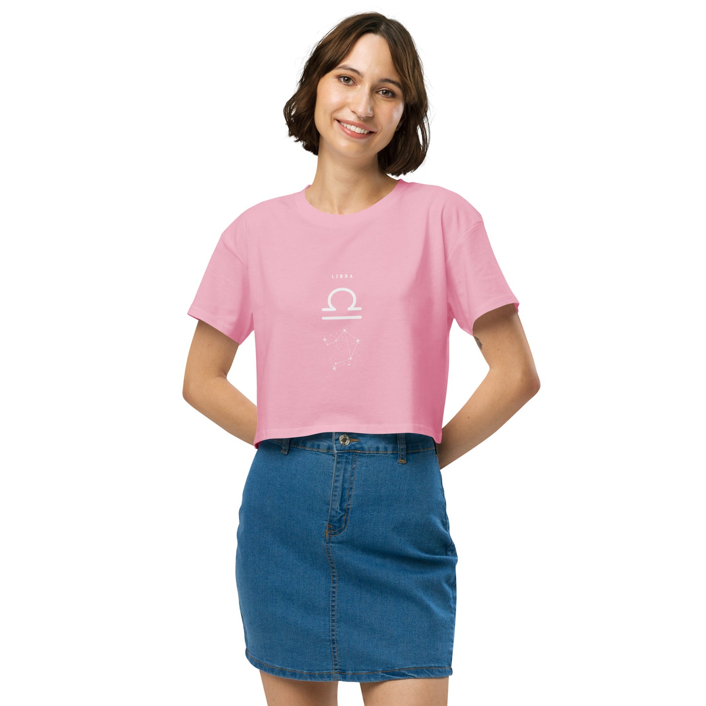 Image 14 of Hazy Pink Balance Court Crop Top - Left Placement, size L, with Libra artwork visible in front view.