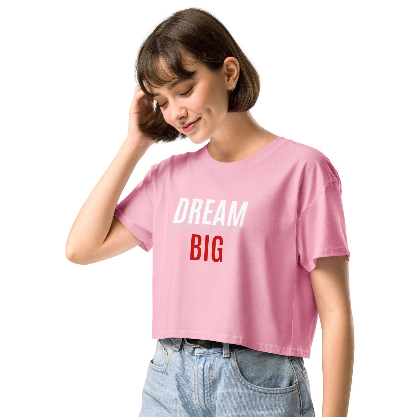 Image 4 of Black Skyline Dream Crop Top - Left Placement, size L, with Dream Big artwork visible in front view, left-side angle.