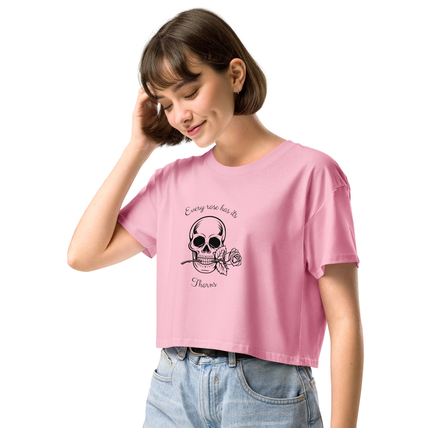 Image 8 of Hazy Pink Rose & Bone Crop Top - Left Placement, size M, with Skull and Rose artwork visible in front view, left-side angle.