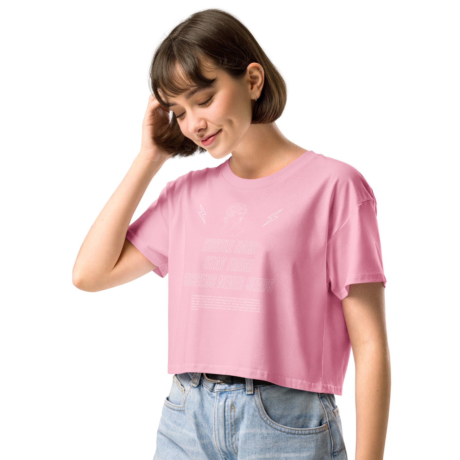 Workrate Crop Top - Left Placement product image 8 in Mineral, size M, with front view, left-side angle and left placement.