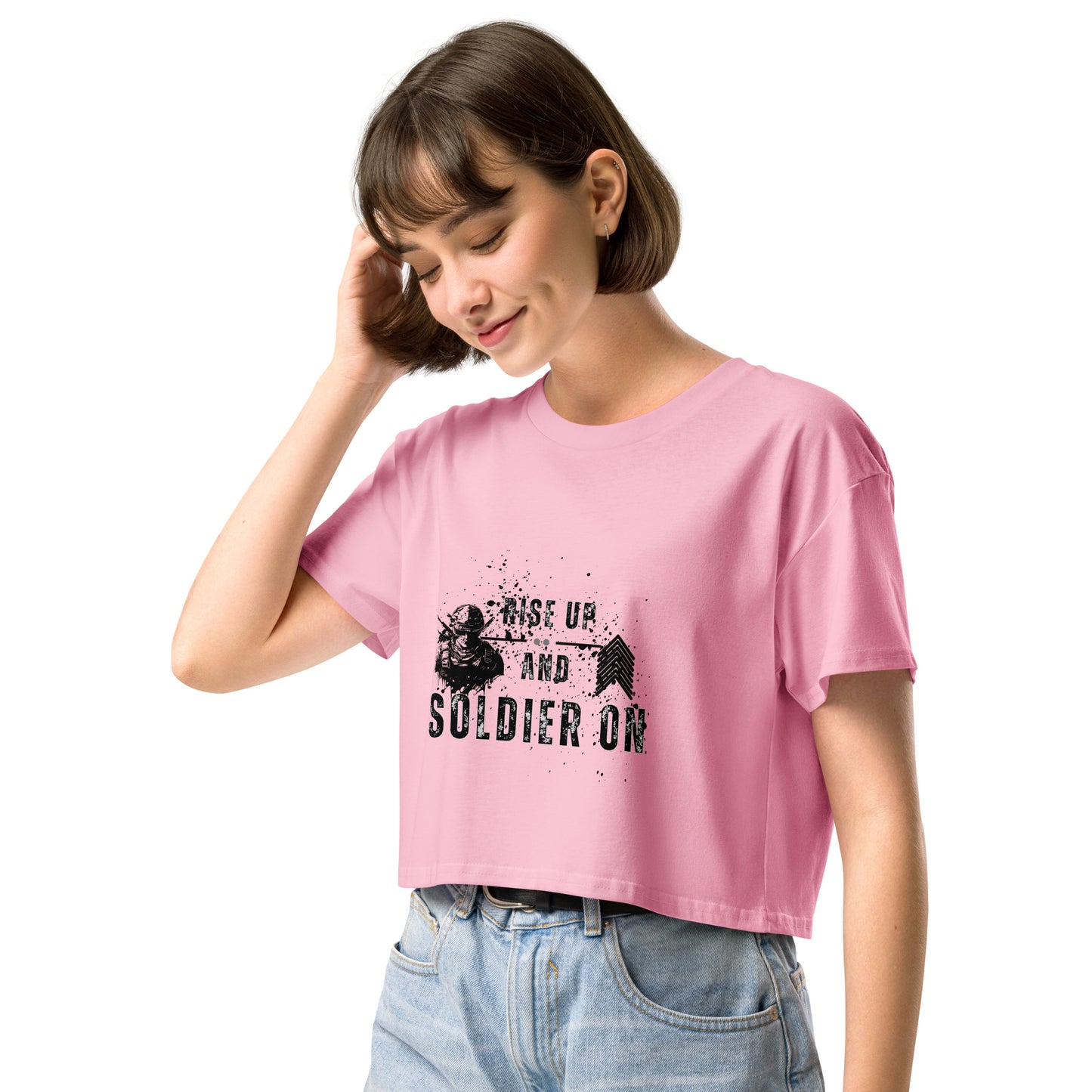 Fortitude Crop Top - Left Placement image 7: Hazy Pink version, size S with front view, left-side angle of the Soldier On range.