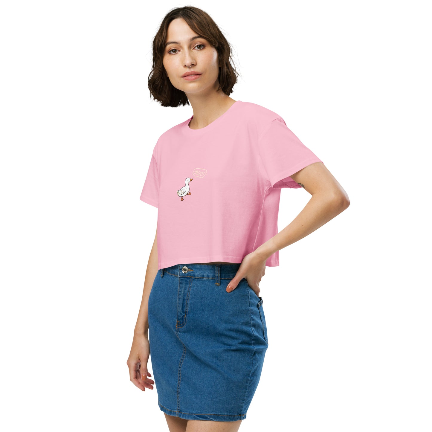 Image 15 of Bubblegum Quacksy Crop Top, size L, with Hello Duck artwork visible in front view, left-side angle.
