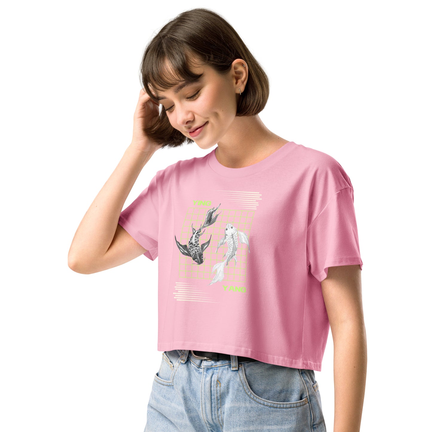 Equinoxe Crop Top by R.A. Apparel, image 12, front view, left-side angle, Hazy Pink, size XL, design placement.