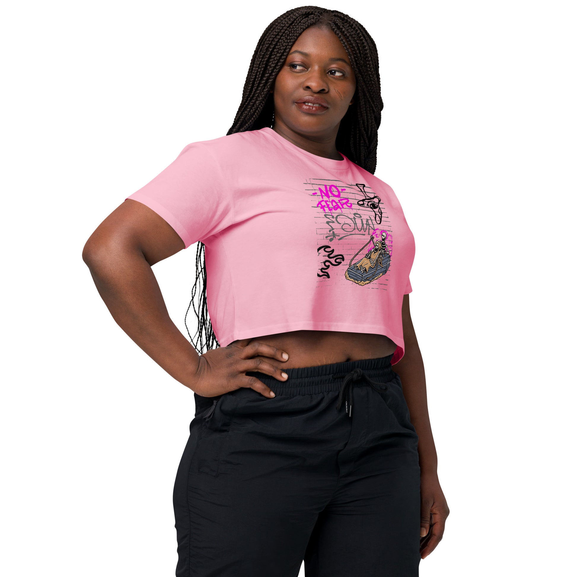 Fearless Crop Top - Left Placement image 22: Pale Pink version, size S with front view, right-side angle of the No Fear range.