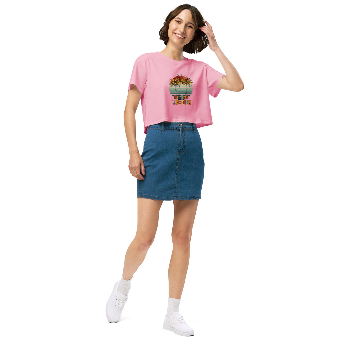 Image 13 of Bubblegum Solara Crop Top, size S, with Be the Sunshine artwork visible in front view, right-side angle.