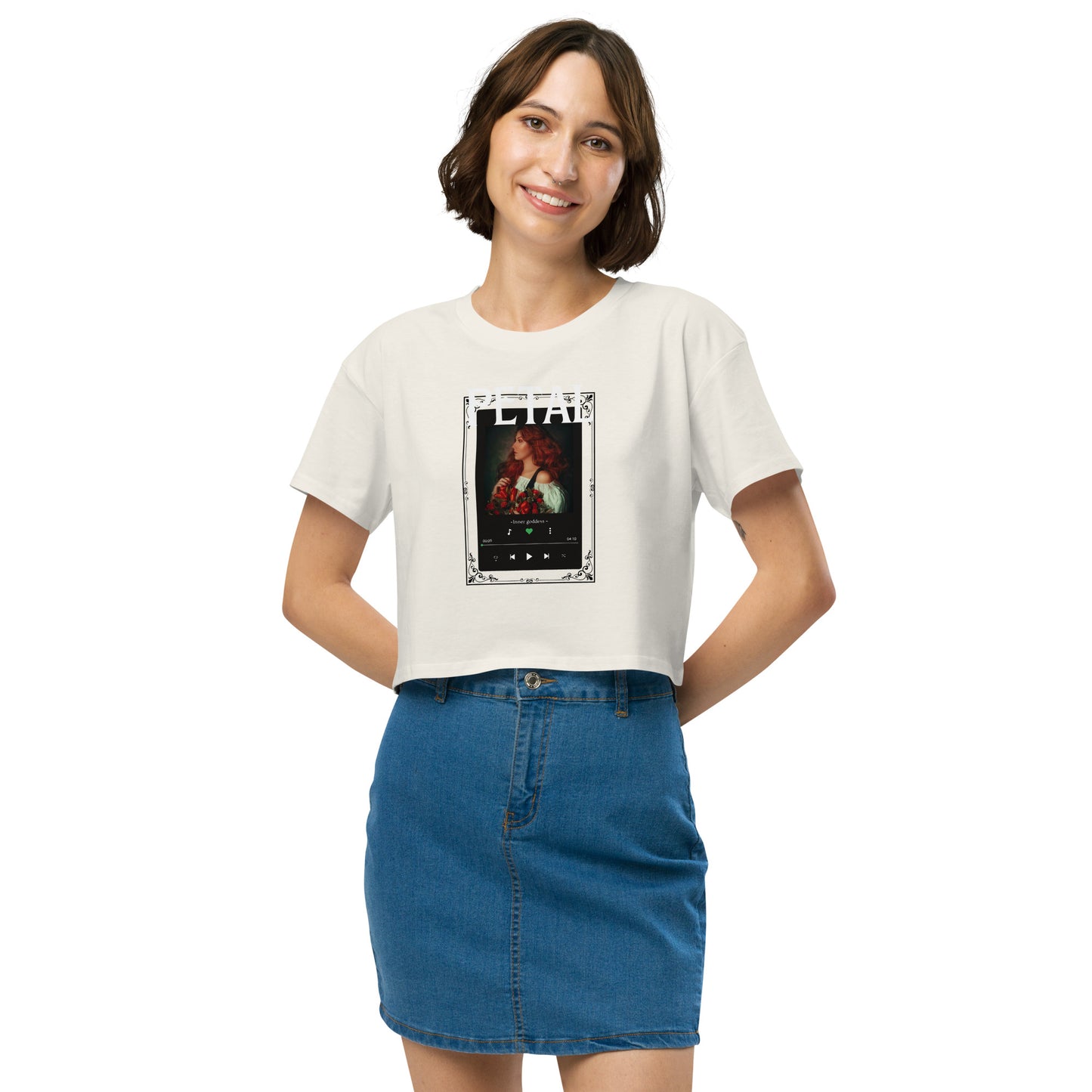 Petaline Crop Top - Left Placement image 3: Black version, size M with front view of the Petal range.