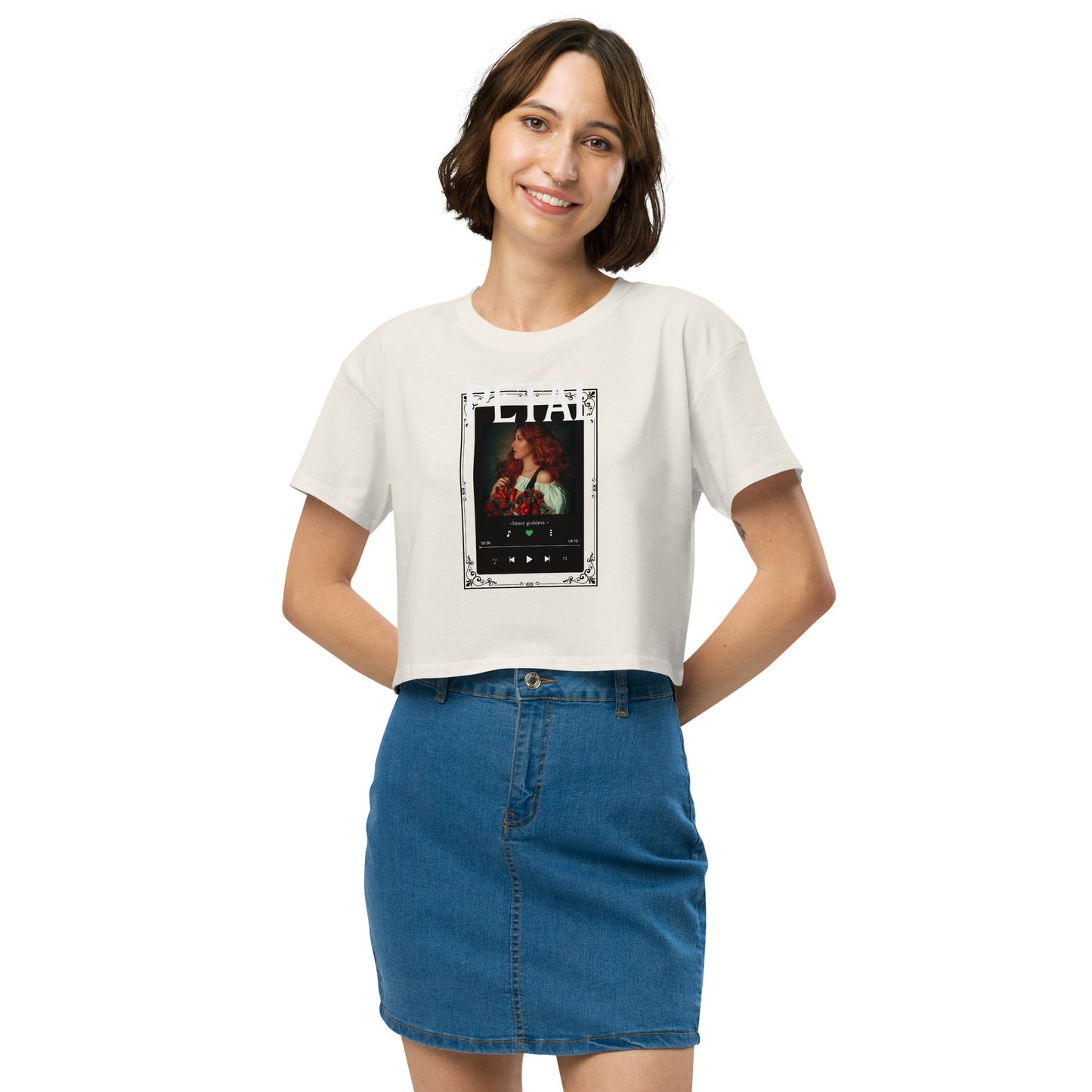 Petaline Crop Top by R.A. Apparel, image 34, front view, Ecru, size M, design placement.