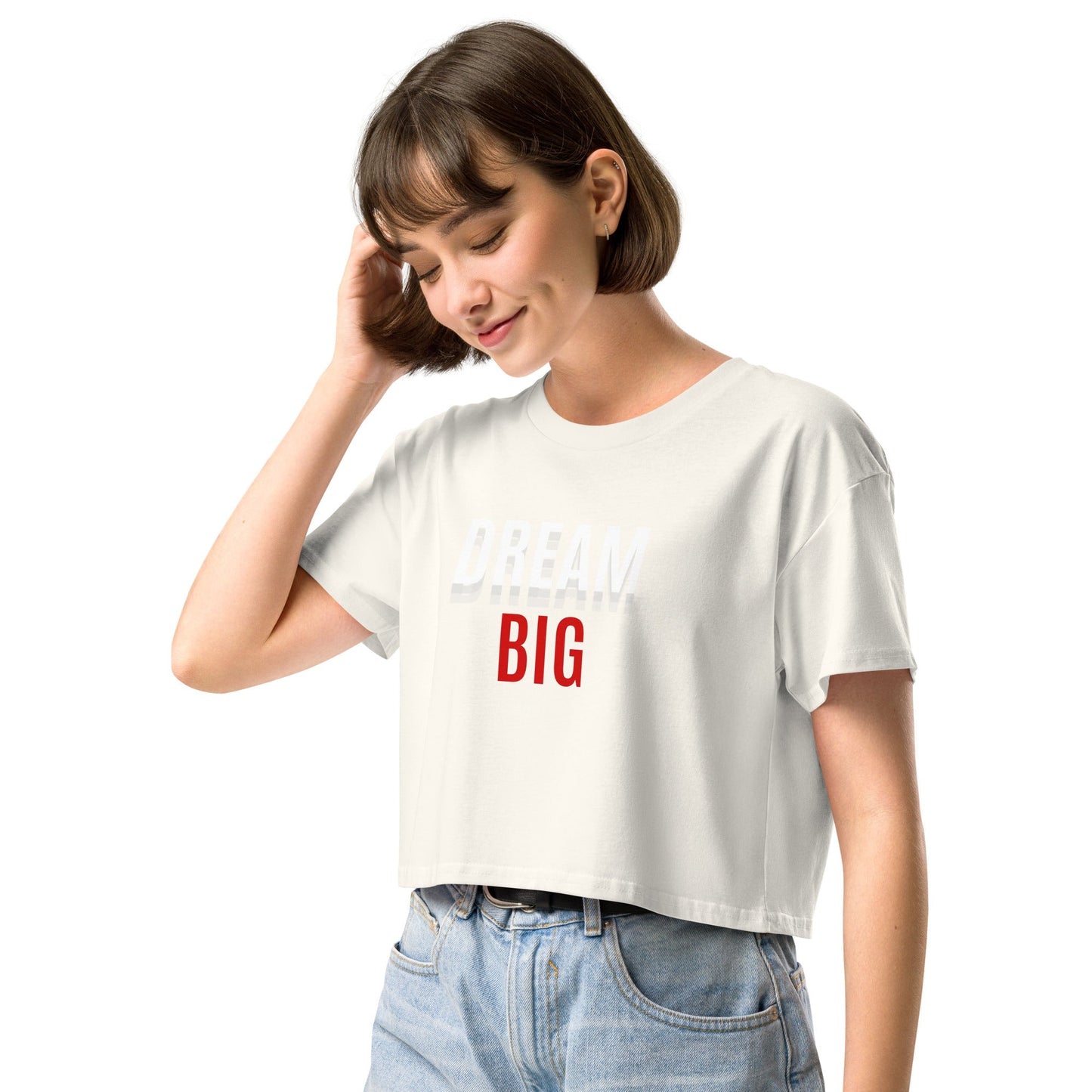 Image 9 of Mineral Skyline Dream Crop Top - Left Placement, size L, with Dream Big artwork visible in front view, left-side angle.