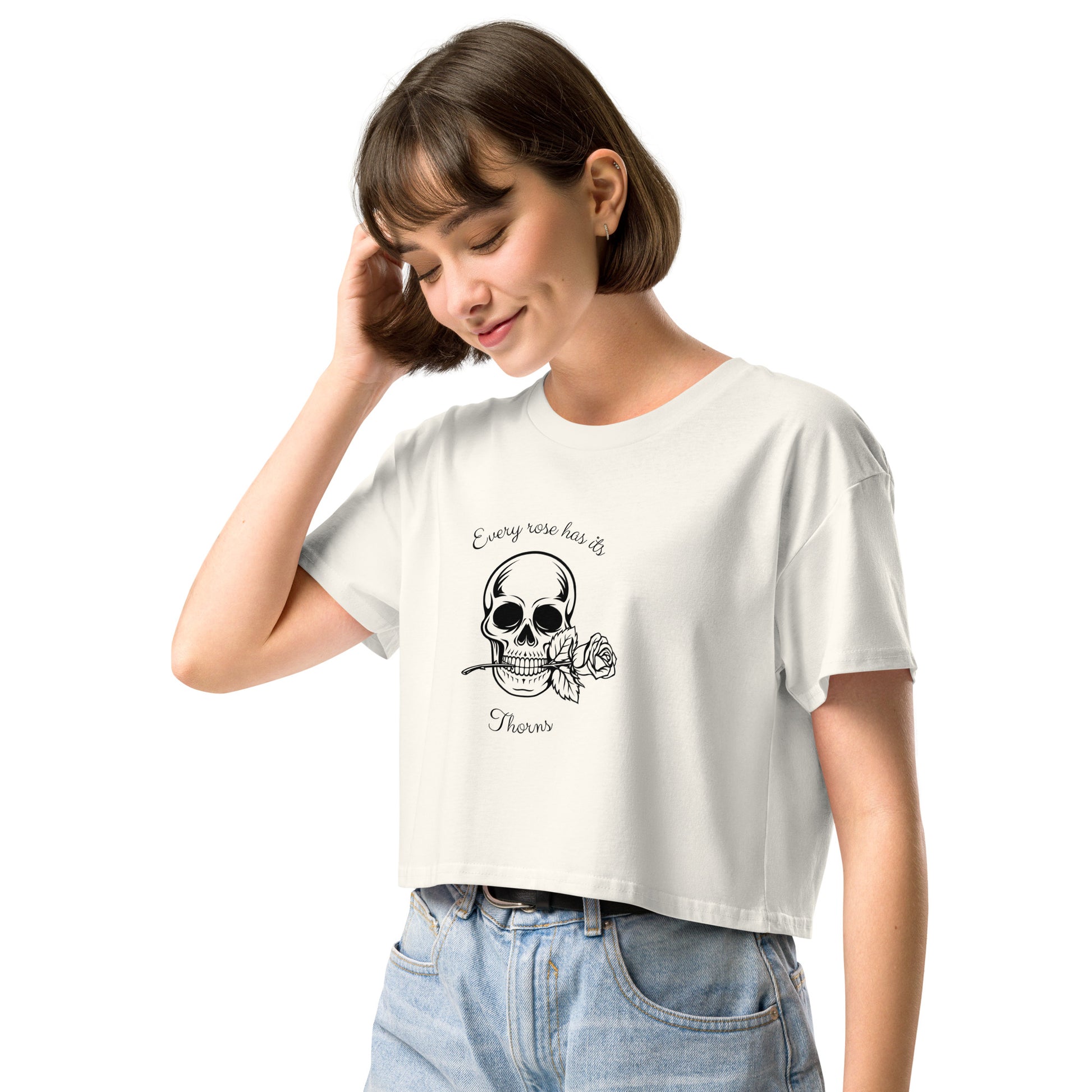 Image 2 of Mineral Rose & Bone Crop Top - Left Placement, size S, with Skull and Rose artwork visible in front view, left-side angle.