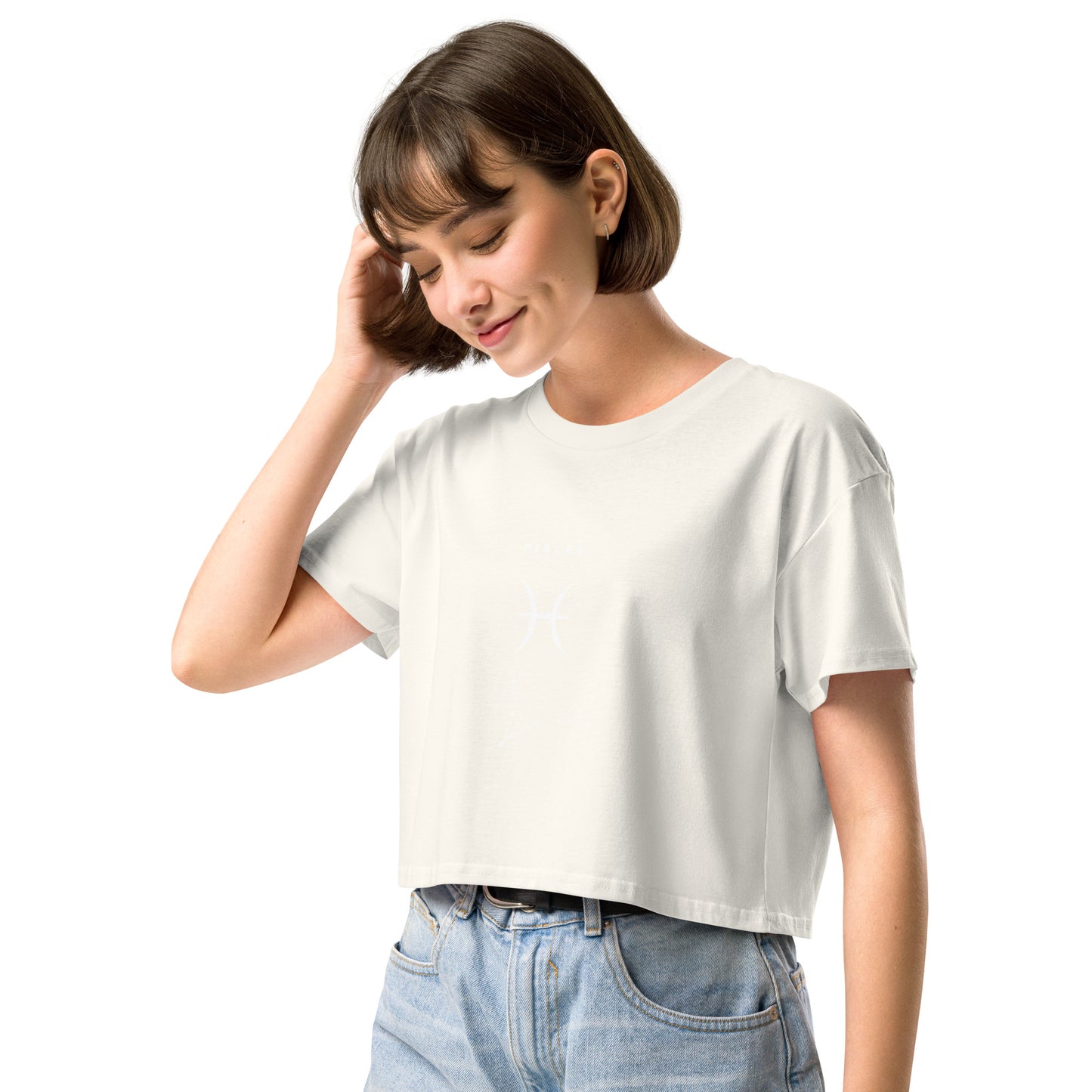Tideborn Crop Top - Left Placement image 3 in Black, size M, showing front view, left-side angle for the Pisces design.