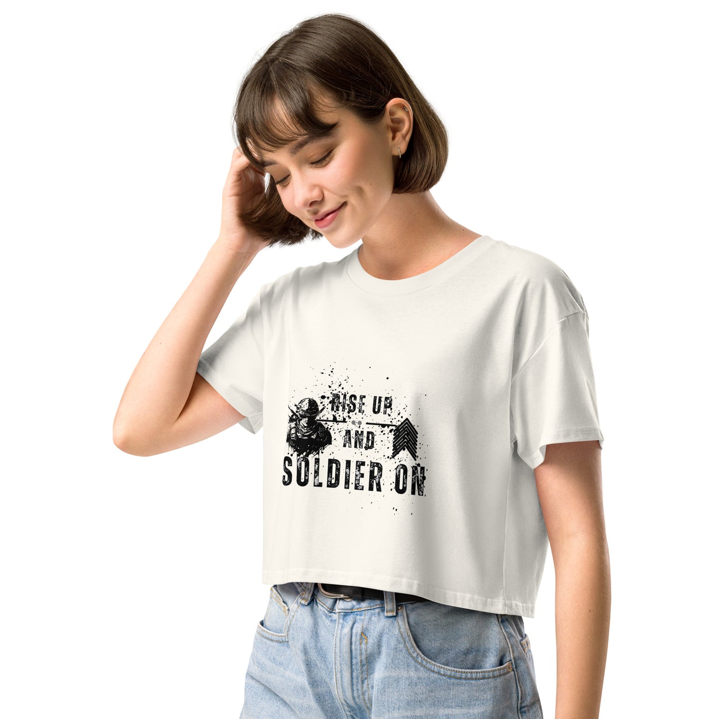Fortitude Crop Top - Left Placement image 1: Mineral version, size XS with front view, left-side angle of the Soldier On range.