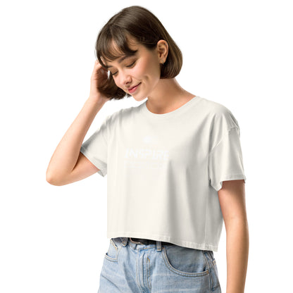 Inspireline Crop Top - Left Placement by R.A. Apparel, image 6, front view, left-side angle, Mineral, size XS, left placement.