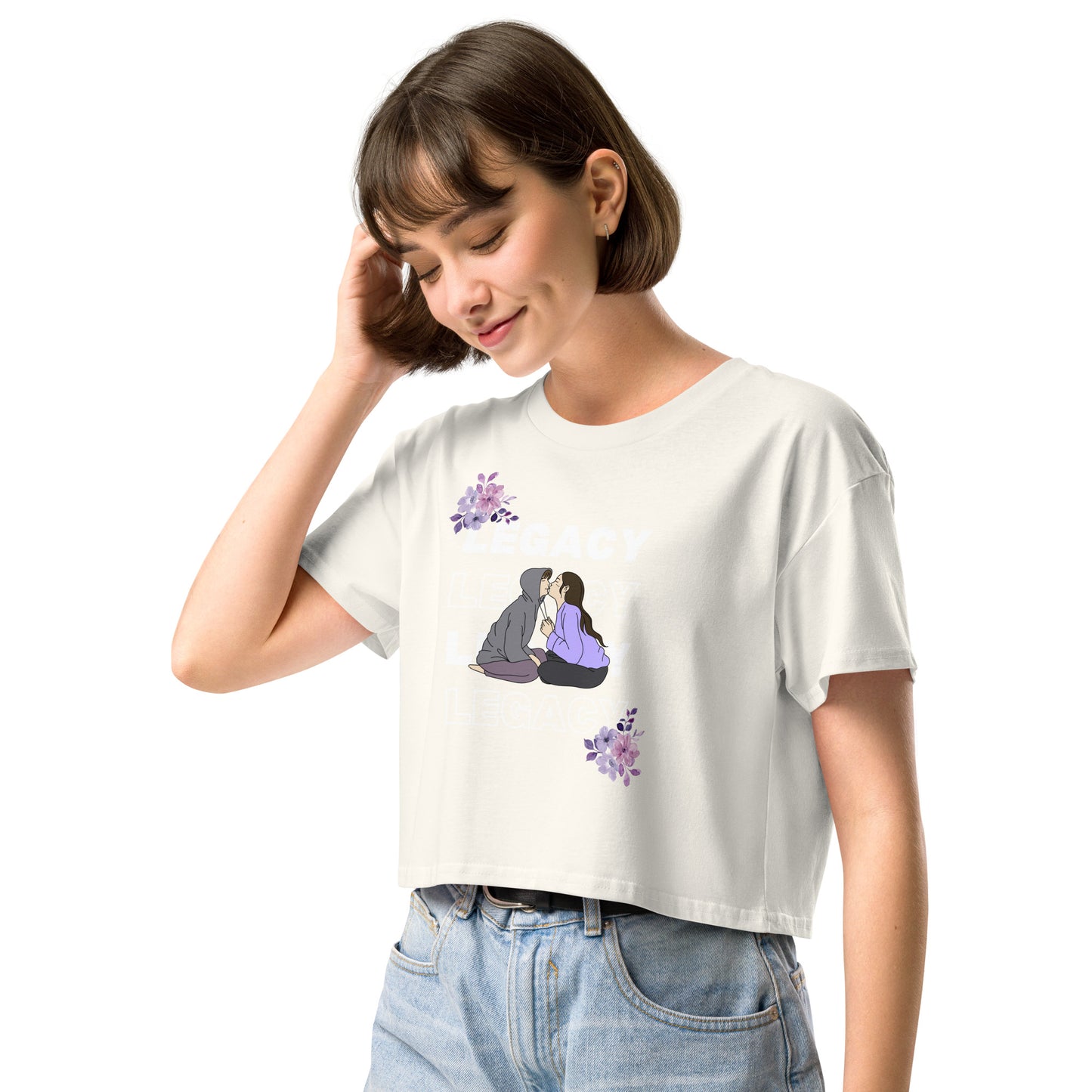 Image 6 of Mineral Heirloom Crop Top - Left Placement, size XS, with Legacy artwork visible in front view, left-side angle.