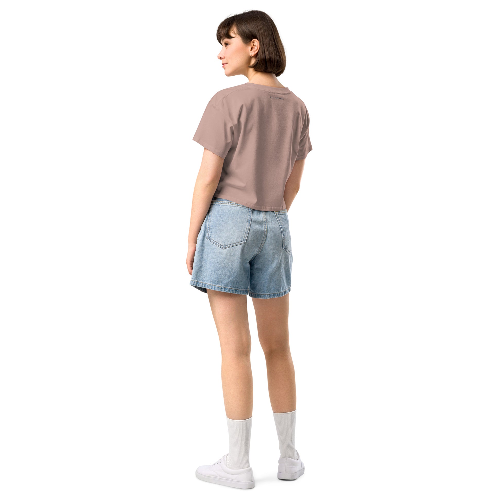 Fortitude Crop Top - Left Placement by R.A. Apparel, image 8, back view, Hazy Pink, size M, left placement.
