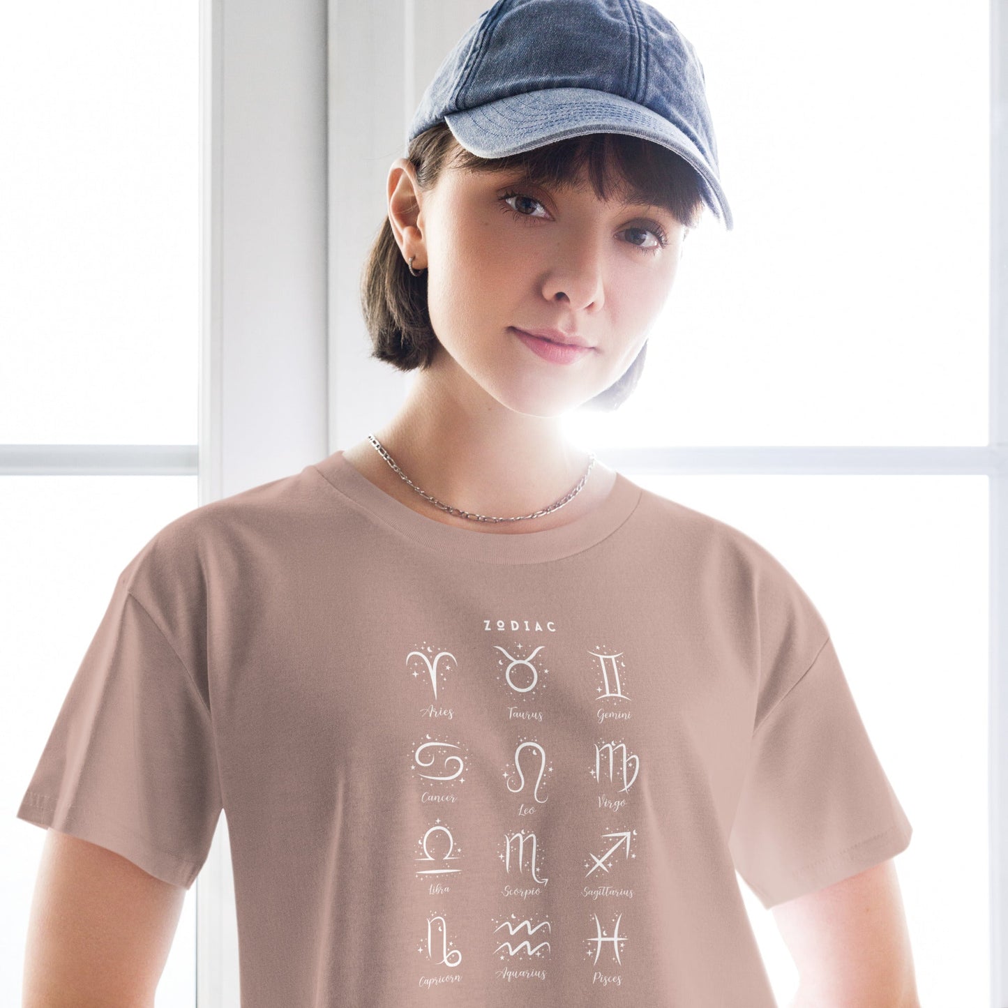 Image 3 of Black Astral Circle Crop Top - Left Placement, size M, with Zodiac artwork visible in front view.