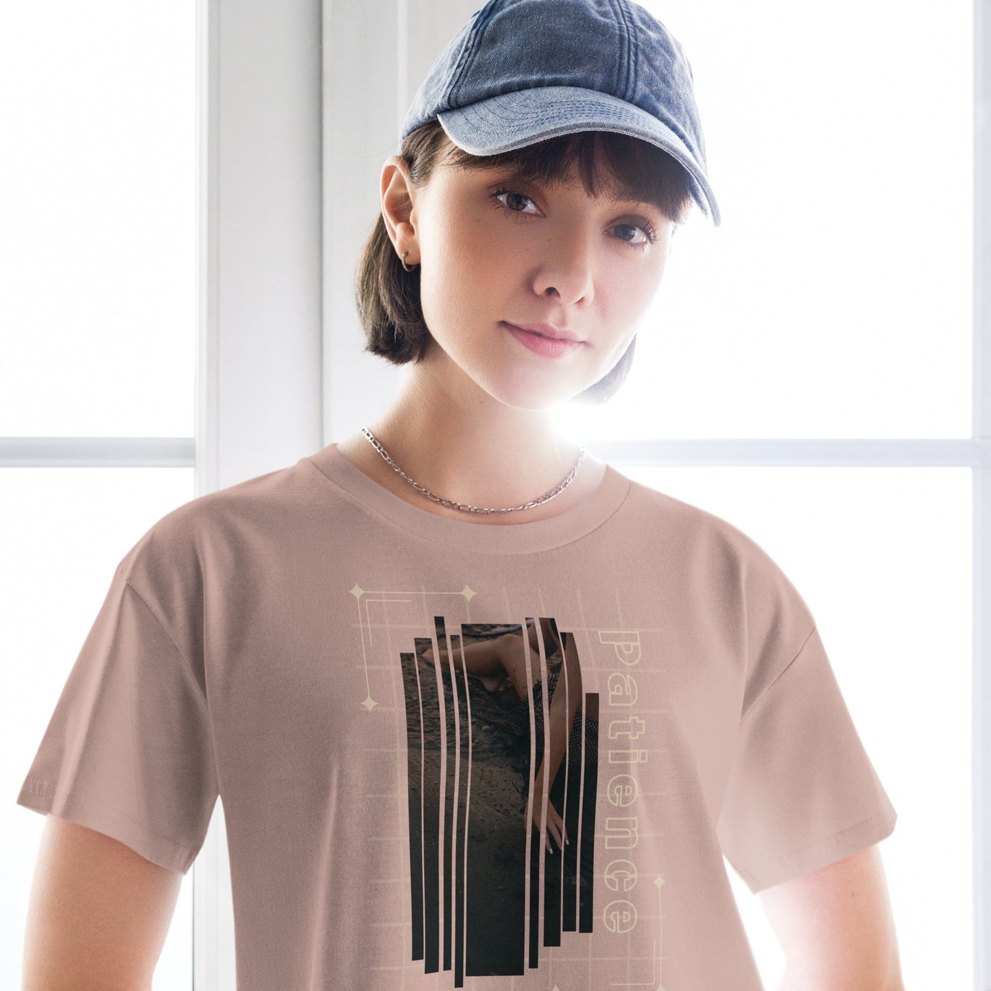 Stillwater Crop Top - Left Placement image 3 in Black, size M, showing front view for the Patience design.