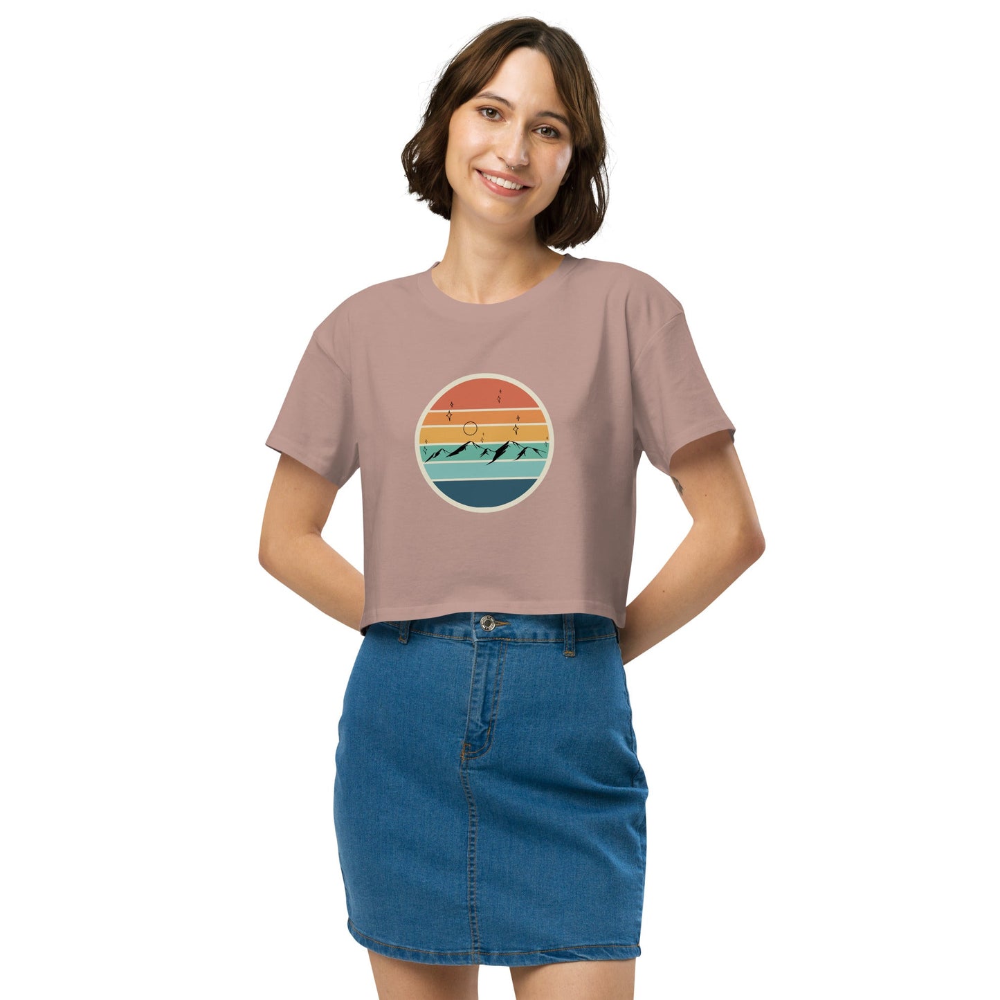 Summitline Crop Top - Left Placement image 4: Black version, size L with front view of the Mountain Range range.