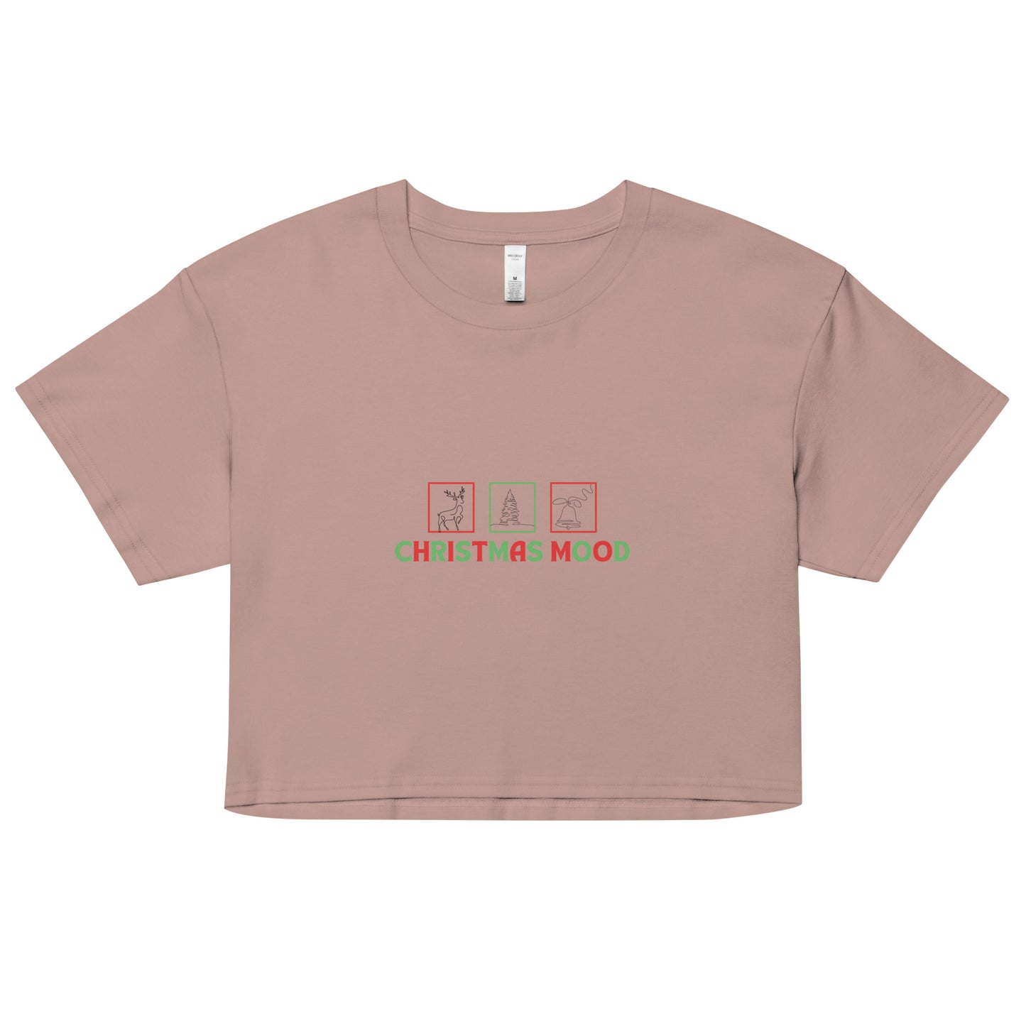 Festive Mood Crop Top - Left Placement by R.A. Apparel, image 9, front view, Hazy Pink, size L, left placement.