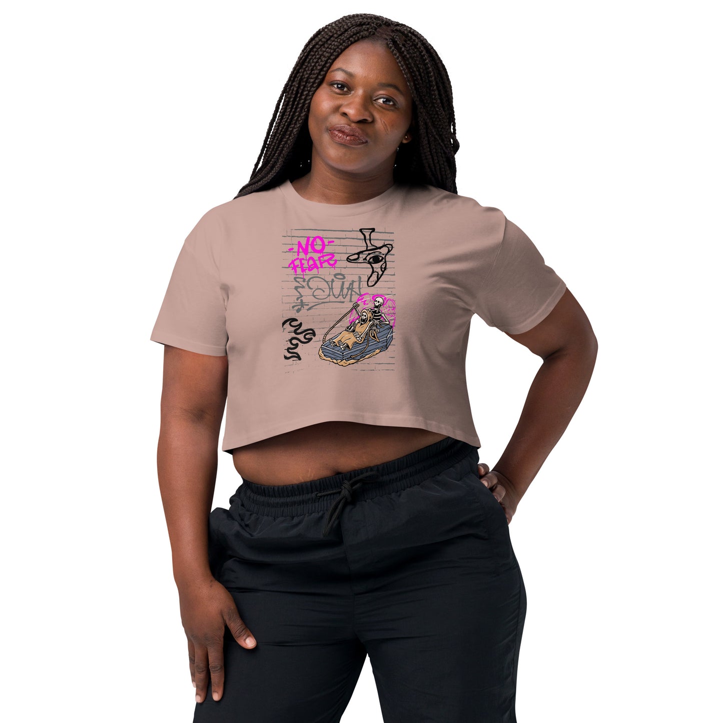 Fearless Crop Top - Left Placement image 26 in Bone, size XS, showing front view for the No Fear design.