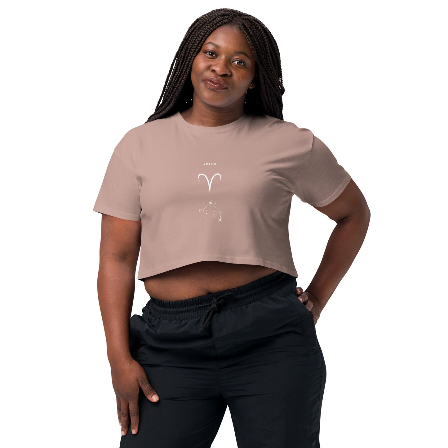 Image 21 of Pale Pink Marsborne Crop Top - Left Placement, size XS, with Aries artwork visible in front view.