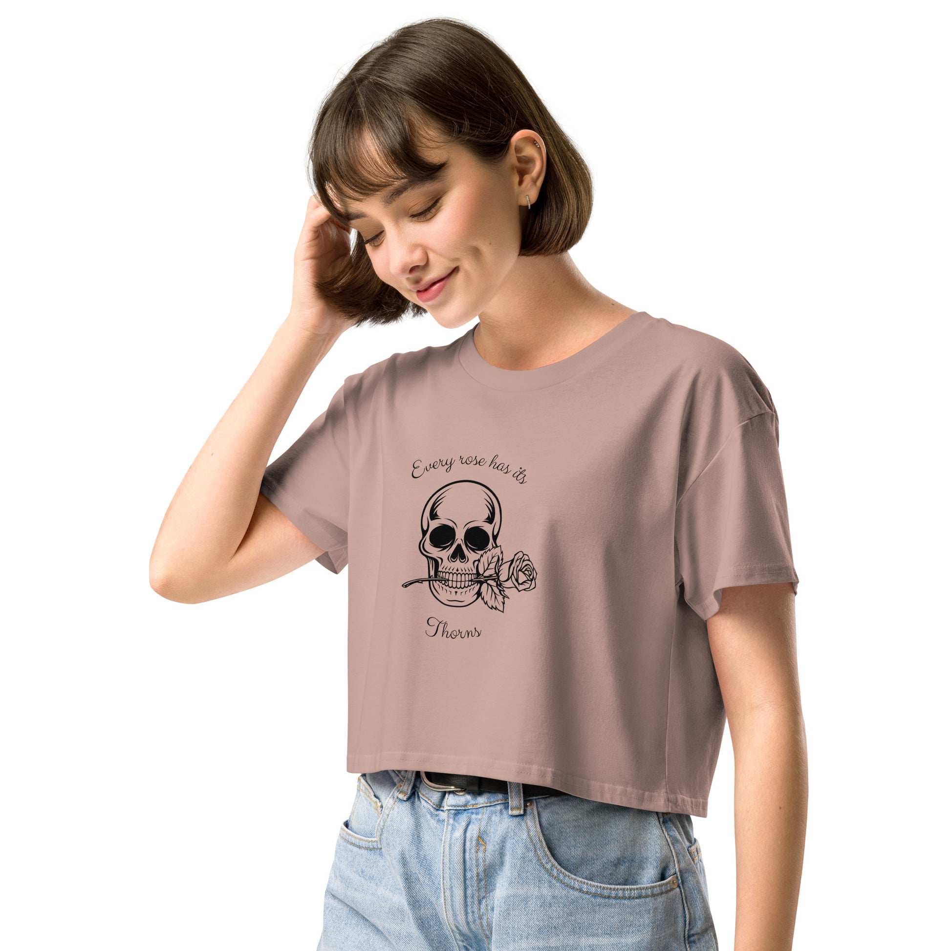 Image 10 of Hazy Pink Rose & Bone Crop Top - Left Placement, size XL, with Skull and Rose artwork visible in front view, left-side angle.
