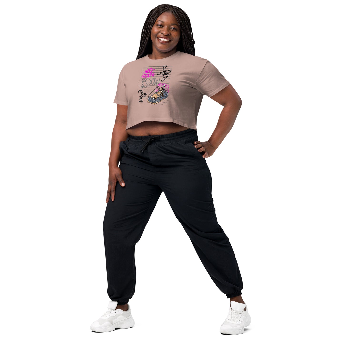 Fearless Crop Top - Left Placement image 28 in Bone, size M, showing front view, left-side angle for the No Fear design.