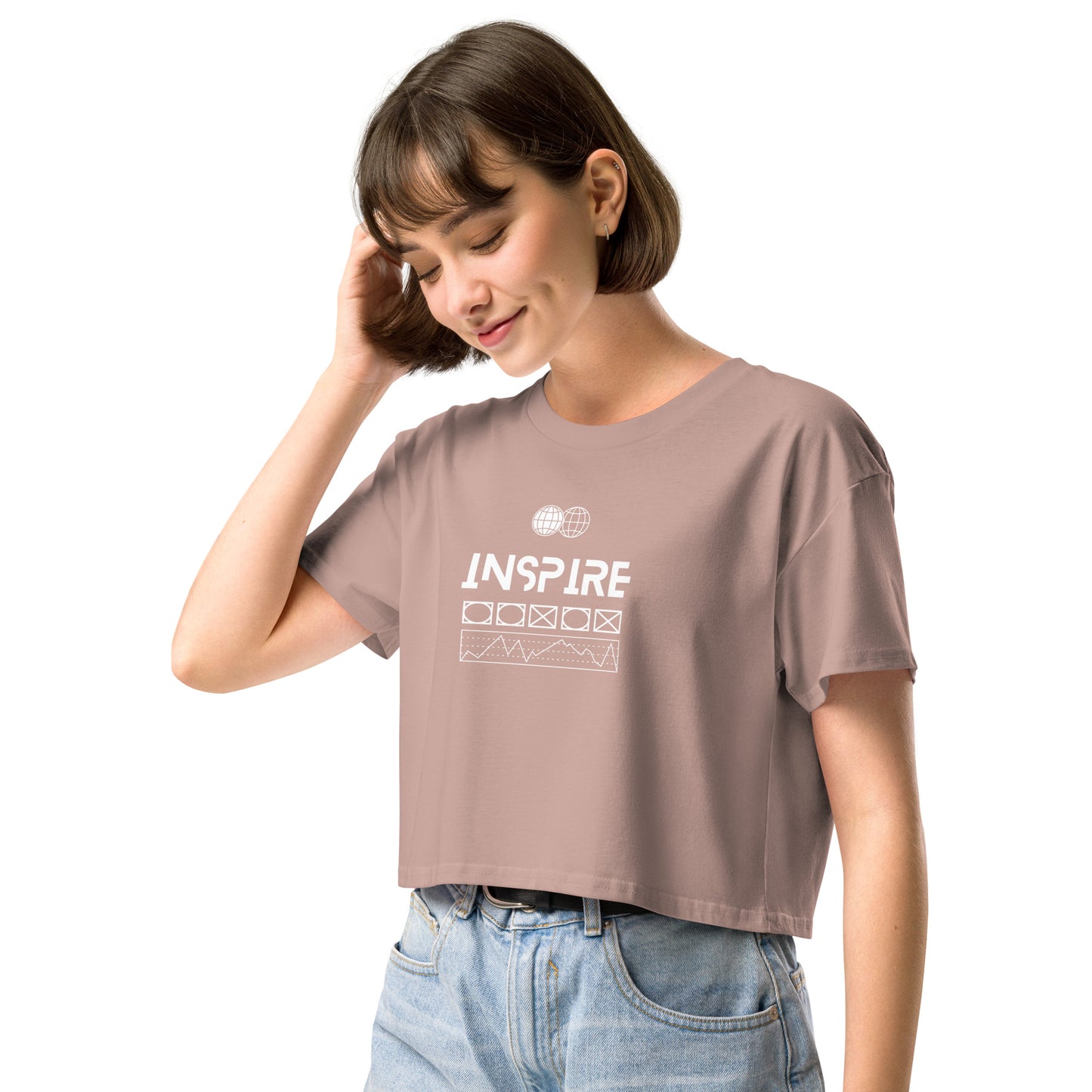 Inspireline Crop Top - Left Placement by R.A. Apparel, image 15, front view, left-side angle, Hazy Pink, size XL, left placement.