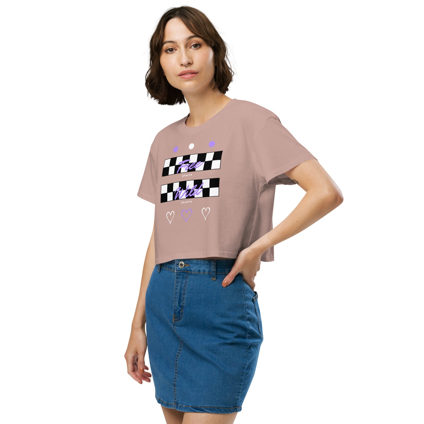Image 19 of Bubblegum Freeborne Crop Top - Left Placement, size L, with Free Spirits artwork visible in front view, left-side angle.