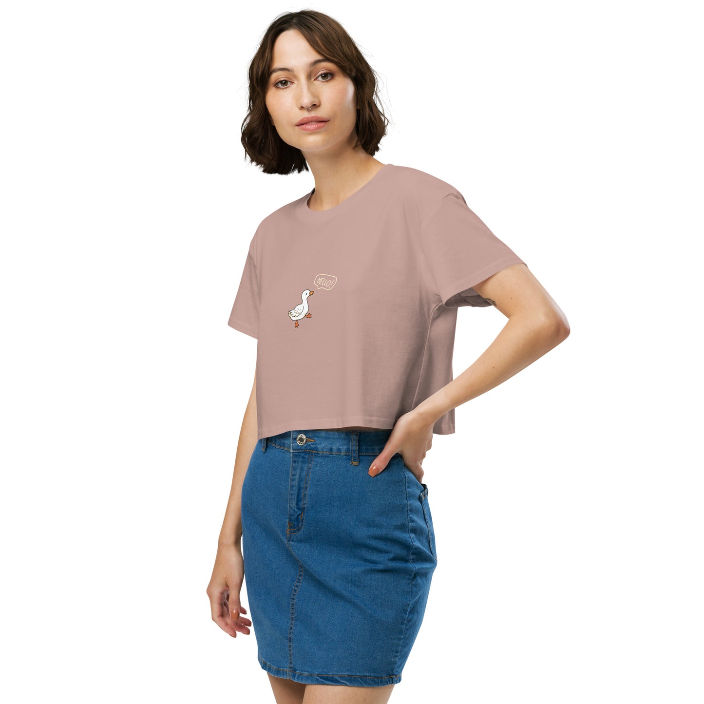 Quacksy Crop Top by R.A. Apparel, image 11, front view, left-side angle, Hazy Pink, size L, design placement.