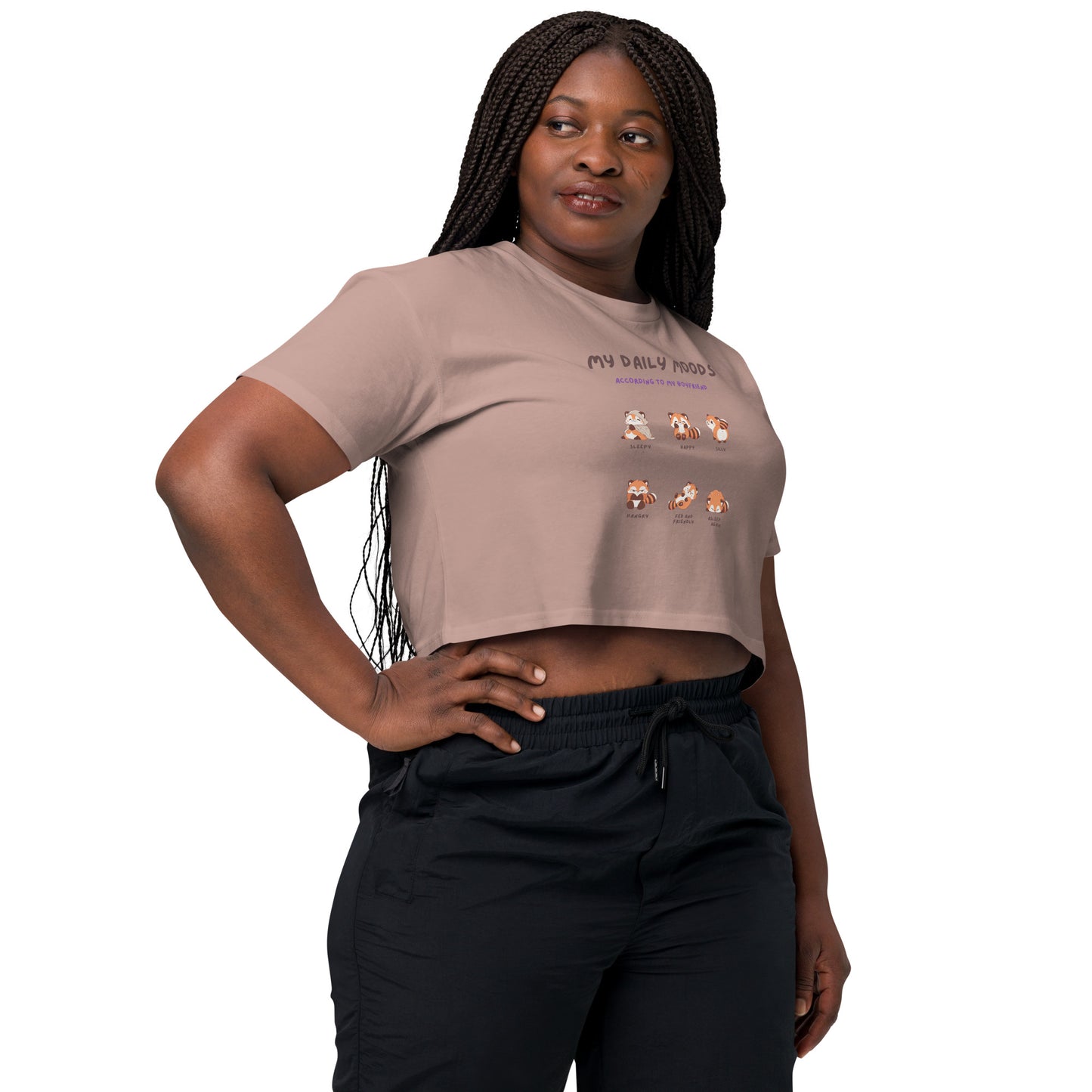 Image 27 of Bone Mood Diary Crop Top - Left Placement, size S, with My Daily Moods artwork visible in front view, right-side angle.