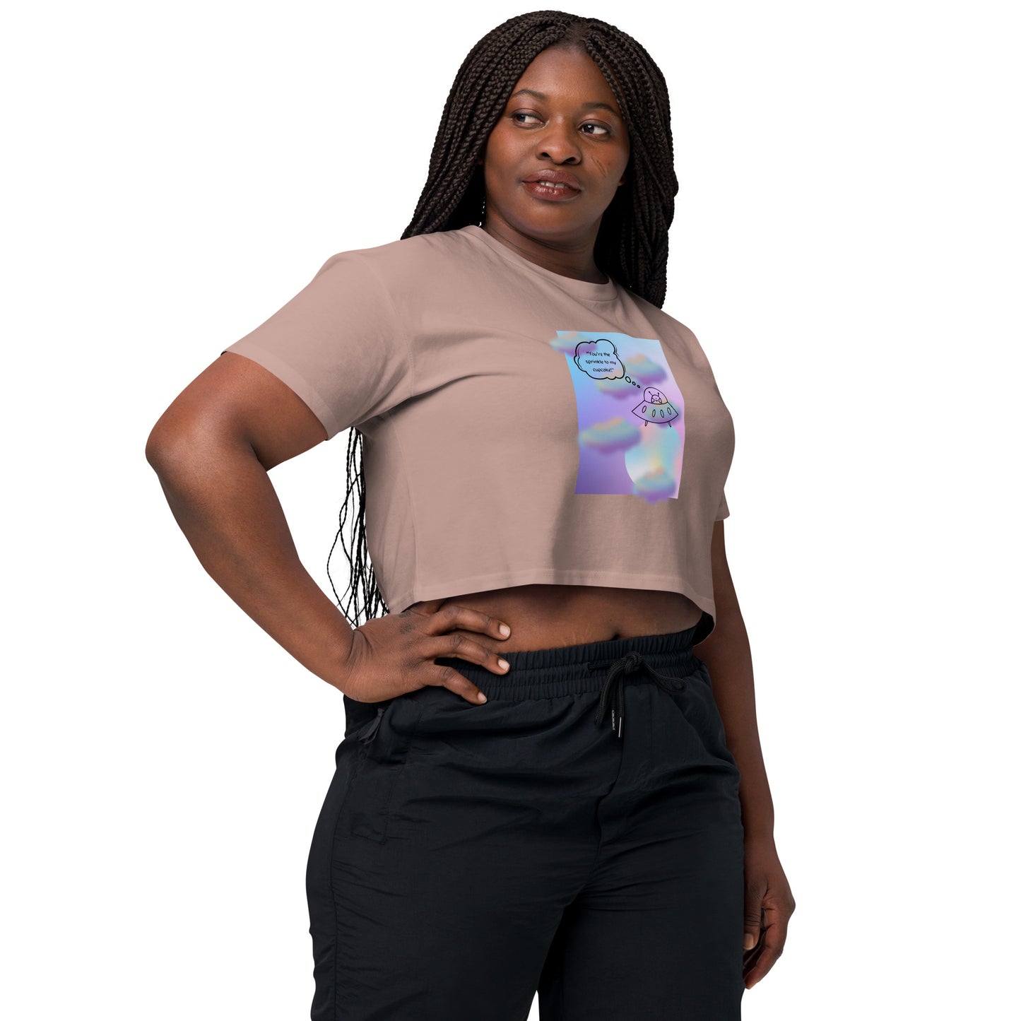 Image 27 of Bone Sprinkle Theory Crop Top - Left Placement, size S, with You're the Sprinkle to My Cupcake artwork visible in front view, right-side angle.