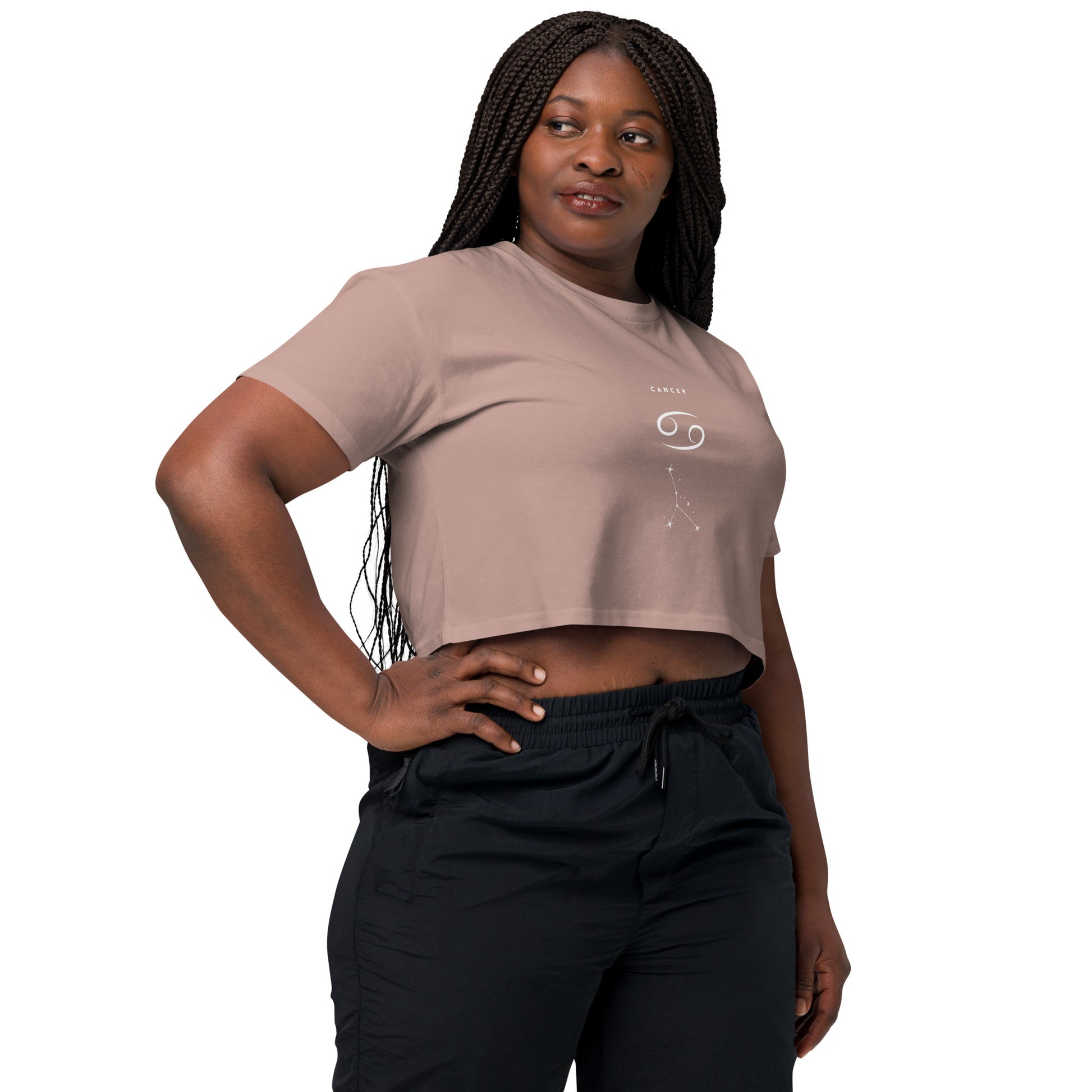 Image 12 of Hazy Pink Moonhaven Crop Top - Left Placement, size S, with Cancer artwork visible in front view, right-side angle.