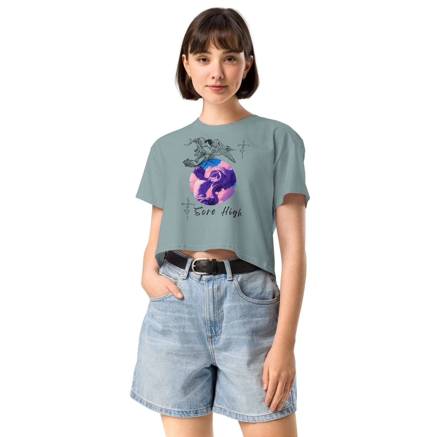 Image 3 of Black Skyborne Crop Top - Left Placement, size M, with Sore High artwork visible in front view.