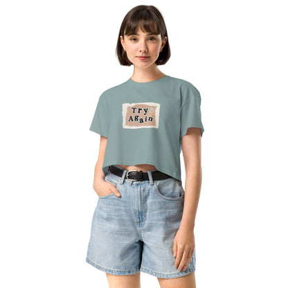 Retry Crop Top - Left Placement image 3 in Black, size M, showing front view for the Try Again design.