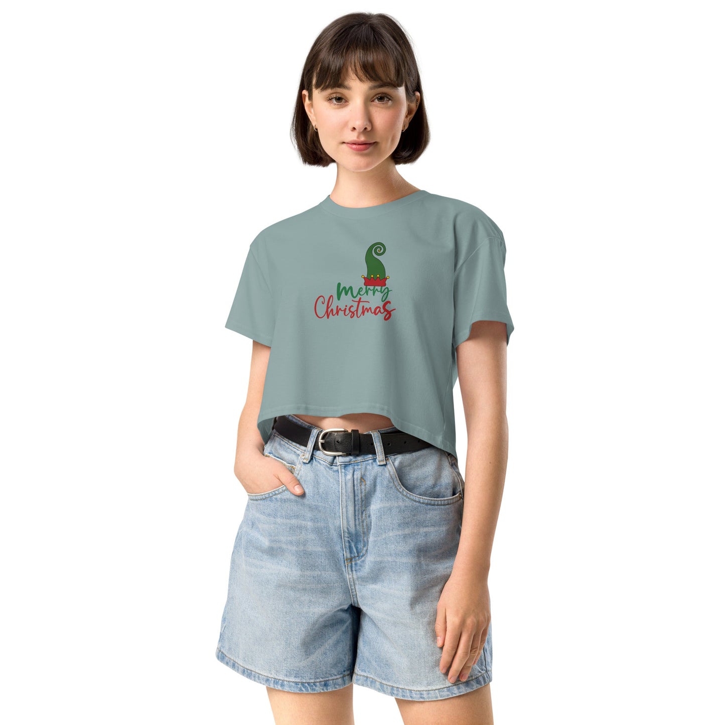 Image 3 of Black Noelle Crop Top - Left Placement 56, size M, with Merry Christmas artwork visible in front view.