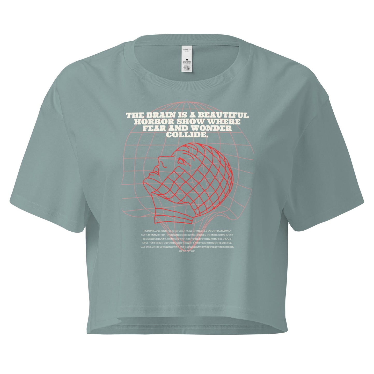 Fractured Process Crop Top - Left Placement by R.A. Apparel, image 3, front view, Black, size M, left placement.