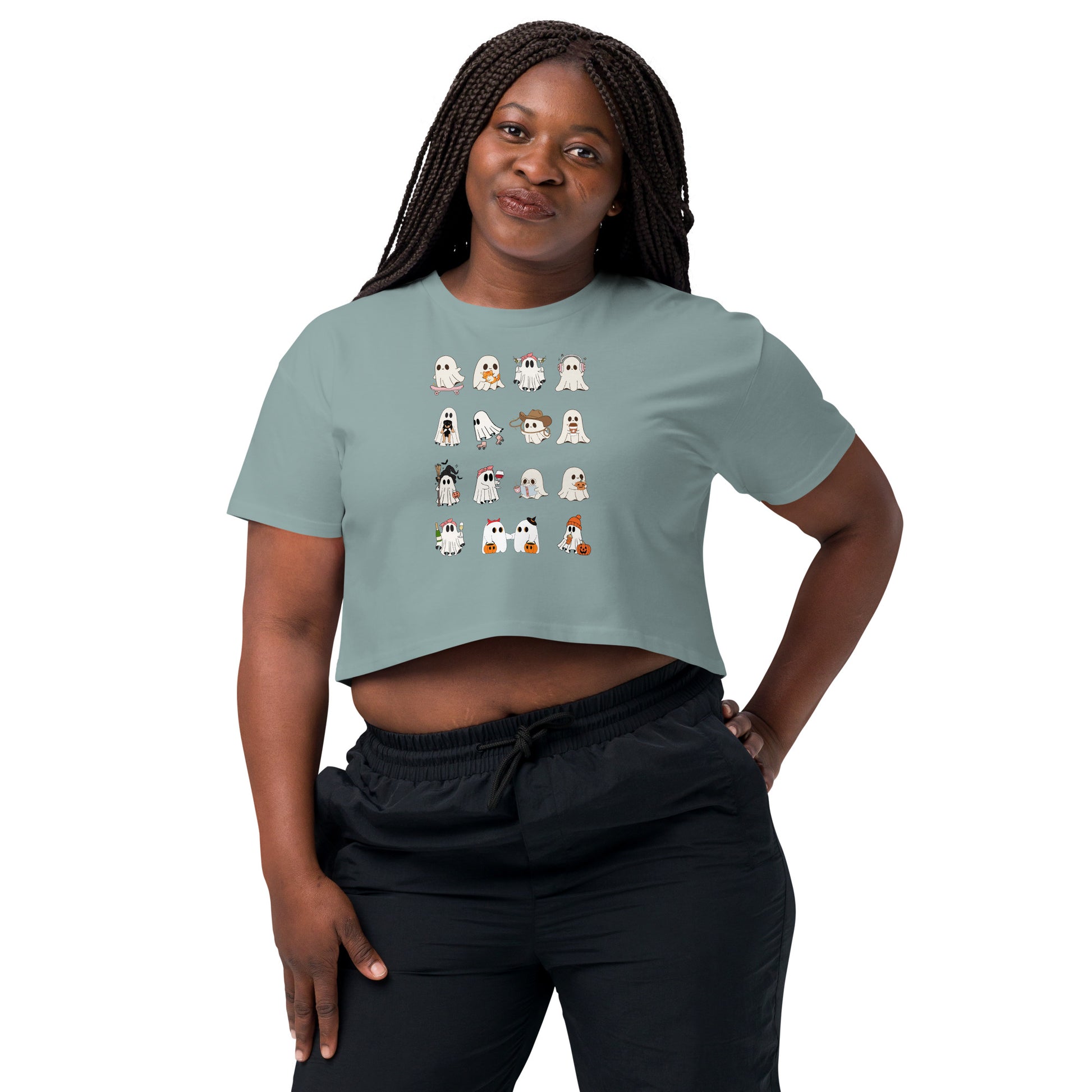 Image 46 of White Spectral Crop Top - Left Placement, size XS, with Ghosts artwork visible in front view.