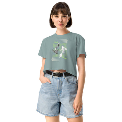 Image 4 of Black Equinoxe Crop Top, size XL, with Ying and Yang artwork visible in front view.