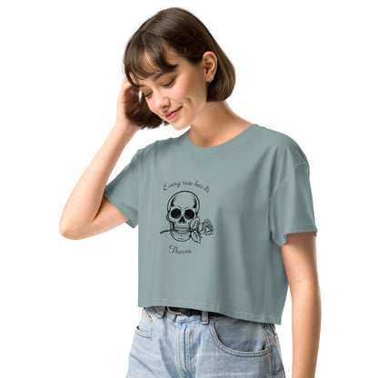 Image 17 of Pale Pink Rose & Bone Crop Top - Left Placement, size S, with Skull and Rose artwork visible in front view, left-side angle.