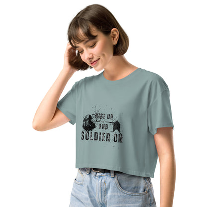 Fortitude Crop Top - Left Placement image 16: Pale Pink version, size XS with front view, left-side angle of the Soldier On range.