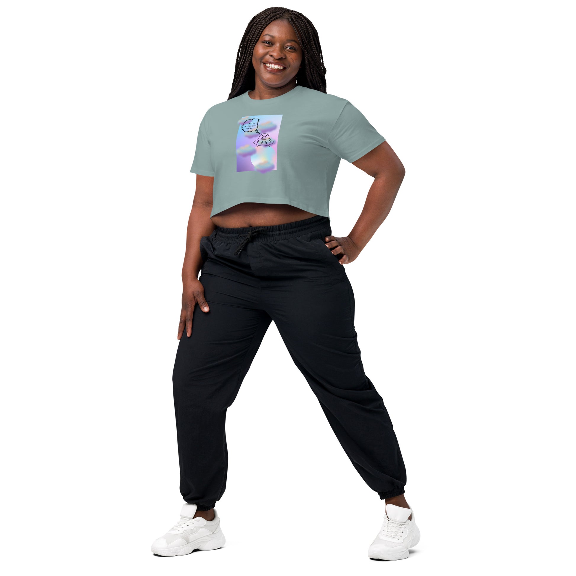 Image 48 of White Sprinkle Theory Crop Top - Left Placement, size M, with You're the Sprinkle to My Cupcake artwork visible in front view, left-side angle.