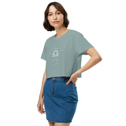 Image 7 of Mineral Balance Court Crop Top - Left Placement, size S, with Libra artwork visible in front view, left-side angle.