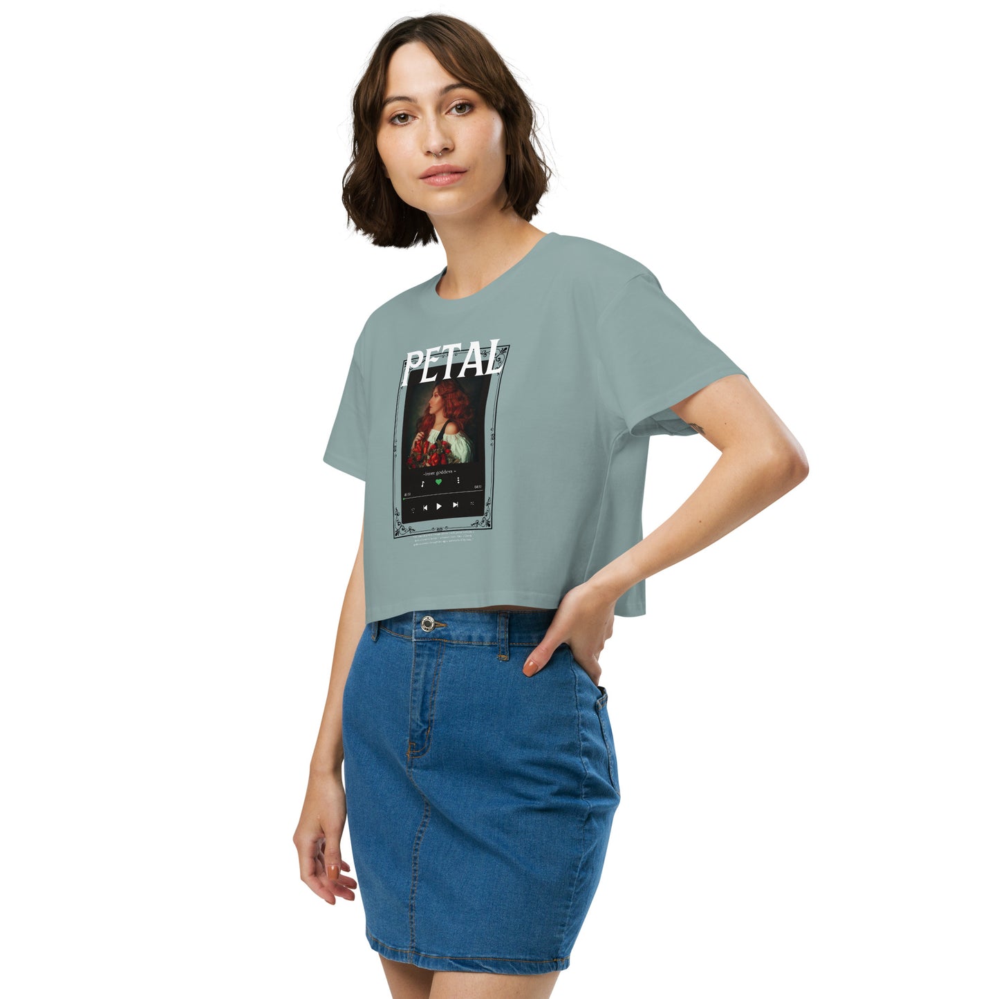 Petaline Crop Top by R.A. Apparel, image 7, front view, left-side angle, Mineral, size L, design placement.