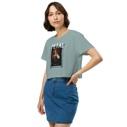 Petaline Crop Top by R.A. Apparel, image 7, front view, left-side angle, Mineral, size L, design placement.